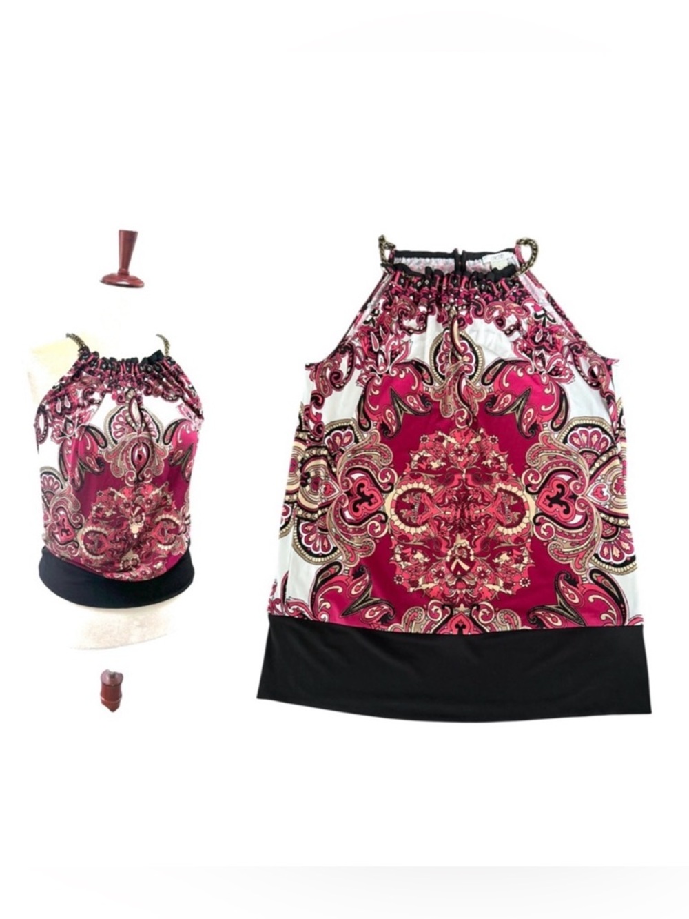 CACHÉ Vintage Y2K Halter Top Chain Neck Paisley Print Pink Black Boho Medium